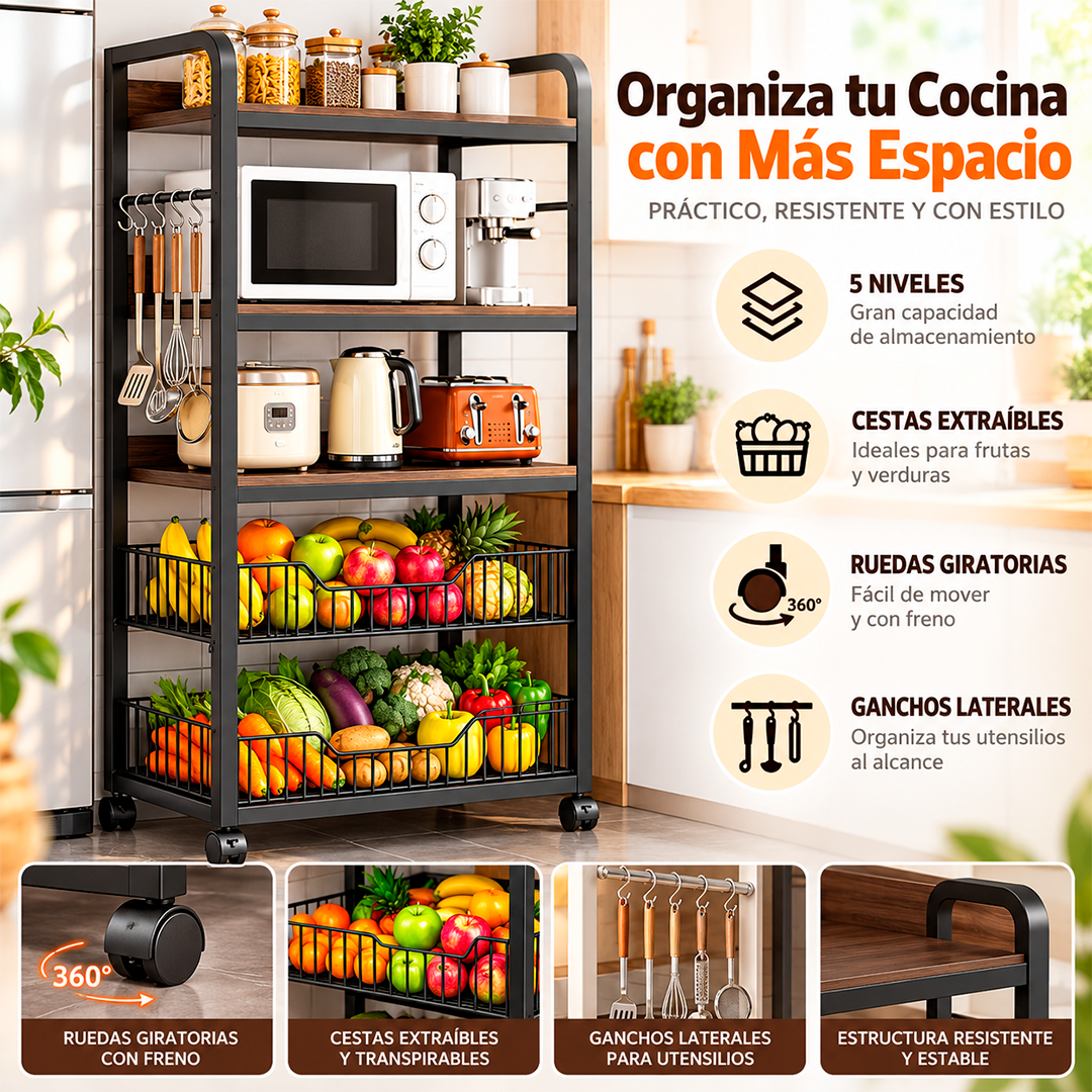 Estante Organizador de Cocina de 5 Niveles Con Ruedas