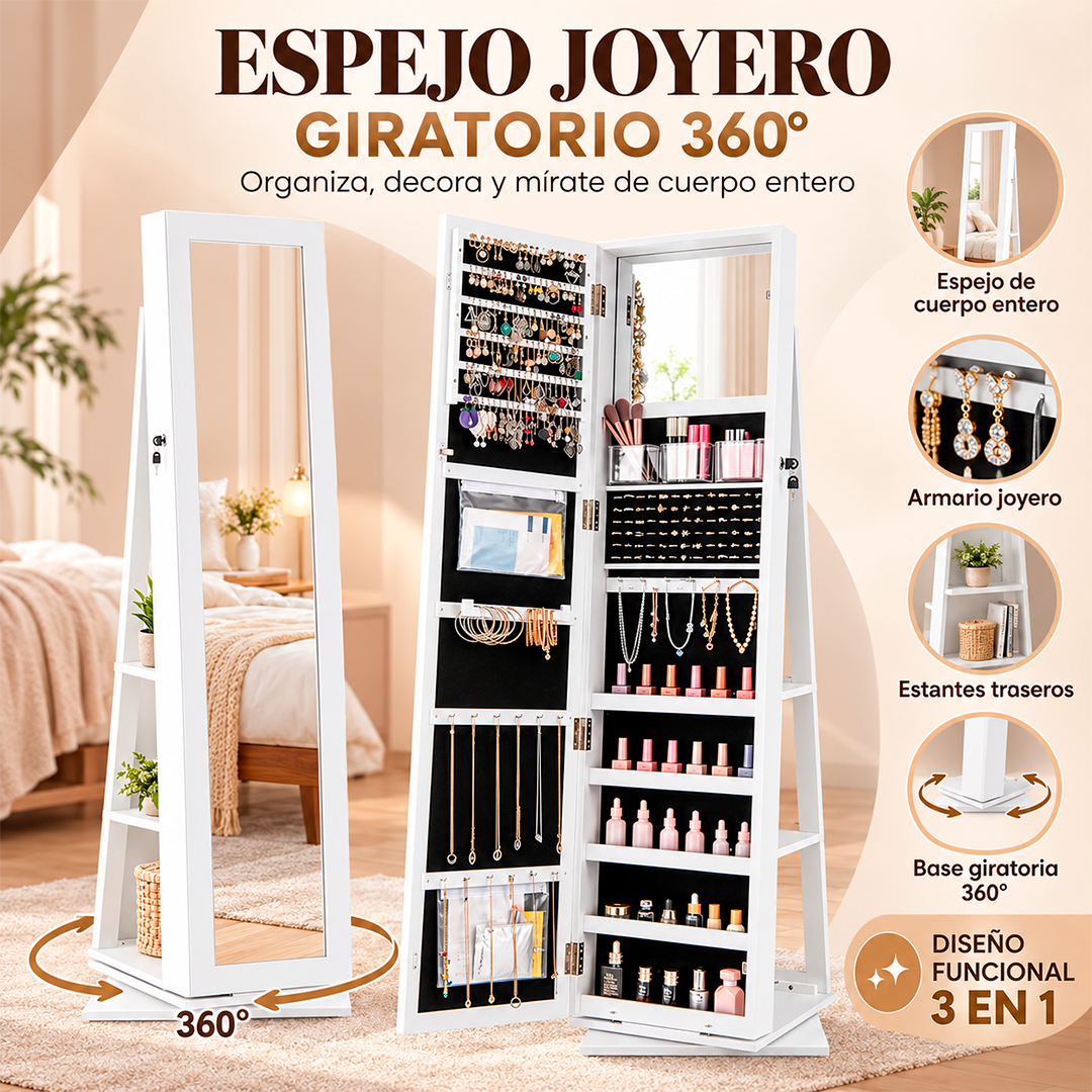 Espejo Joyero Giratorio 360° 3 en 1