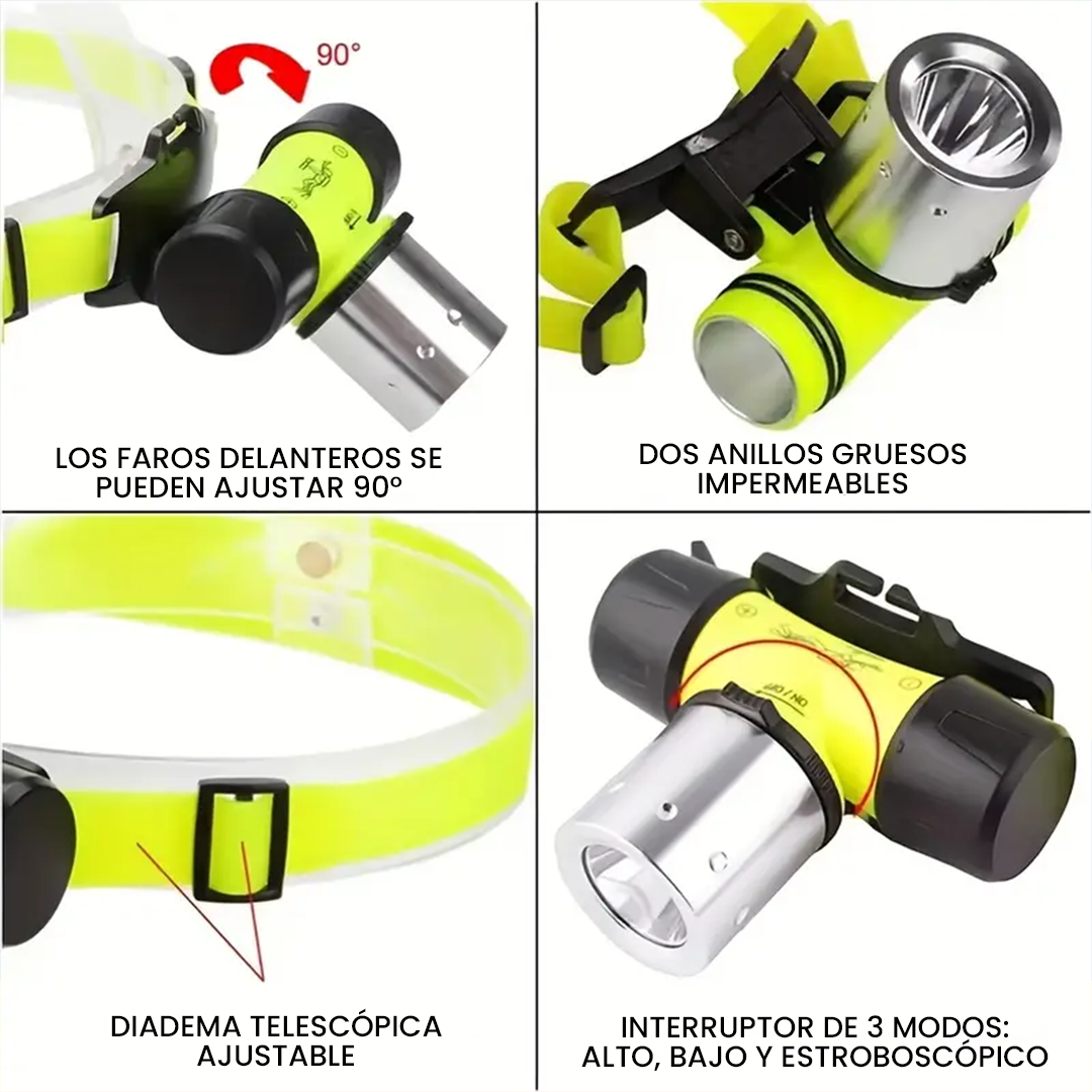 Linterna Frontal Sumergible - Para Buceo, Natación o Pesca