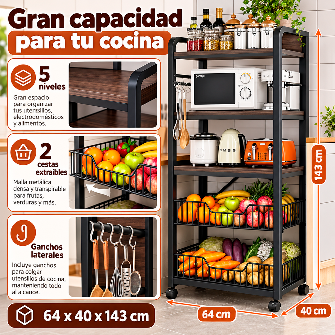 Estante Organizador de Cocina de 5 Niveles Con Ruedas