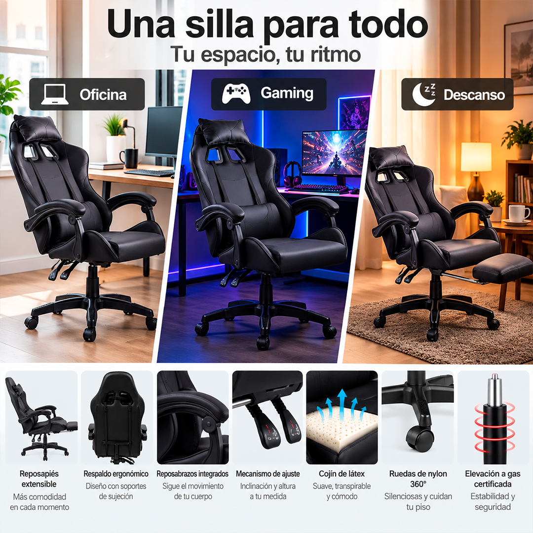 Silla Gamer Ergonómica con Masaje y Reposapiés